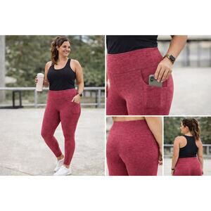 Oalka High Rise Heather Red Leggings Phone pocket Stretchy Spandex XL